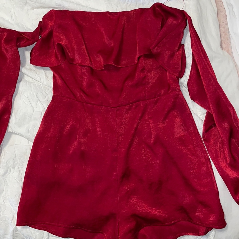 COTTON CANDY LA off the shoulder red satin romper